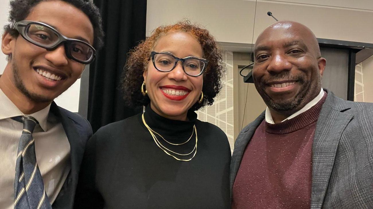 Professor Edray Goins, from left, Sonoma State University Associate Professor of Mathematics and Statistics Omayra Ortega ’01 and Tesfa Asmara ’24 at the 2025 Joint Mathematics Meetings in Seattle.